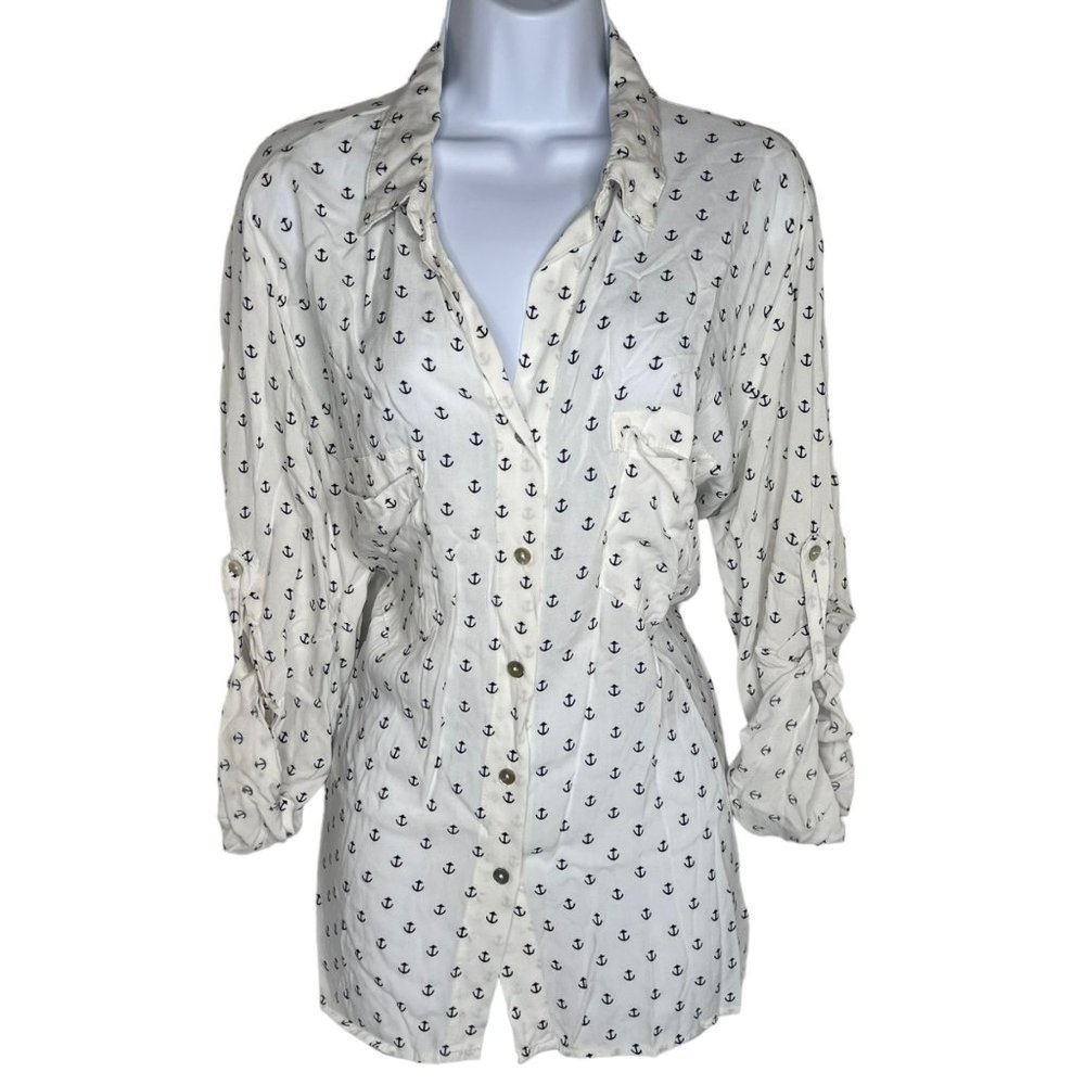 Just Living Women's Button Down Blouse White with Blue Anchors Size XL